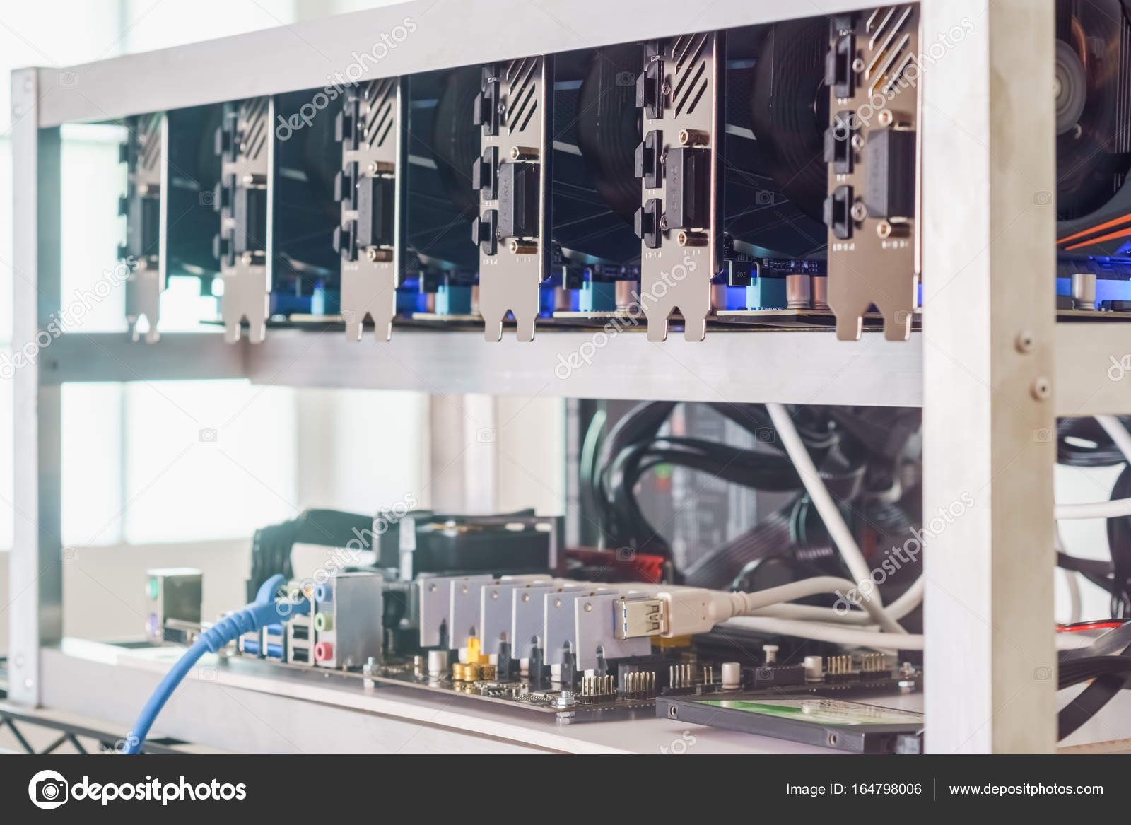 Cryptocurrency Backgroun!   d Mining Rig Close Up Of Array Of Gpu - 